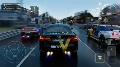 Tuned cars with custom wraps racing on a city street in Traffic Racer Russian, exhaust flames under acceleration Tuned cars with custom wraps racing on a city street in Traffic Racer Russian, exhaust flames under acceleration